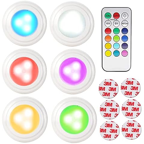 RGB Under Cabinet Lights Battery Powered LED Wireless Puck Light with Remote Control and Timer,Colour Changing Push Lights, Stick on Light for Under Cupboards Counter (6 Pack) Cover