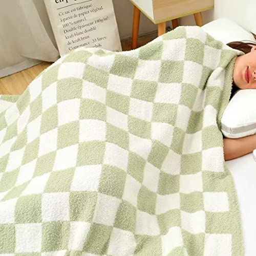 Ultra Soft Checkered Blanket Cozy Buffalo Check Throw Fluffy Knitted Reversible Throw Blanket Lightweight Fleece Checkerboard Grid Blanket For Sofa Couch Bed Travel, Sage Green, 51''X63'' #TOP3