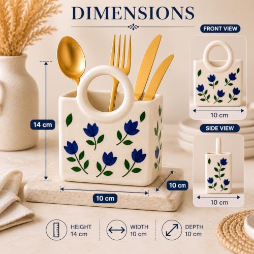 Image of Ceramic Utensil Holder with Blue Floral Pattern, White Kitchen Organiser, Cutlery Set Holder
