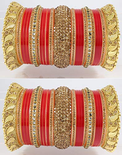 Image of NMII Traditional Gold Plated Acrylic Bangles Bridal Chuda Set For Women & Girls with Zircon Diamond & Pearls Beads Work | Royal Wedding Chudas | Premium Look | Bangles For Wedding, Festive, Function