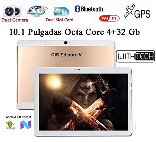 WITHTECH Edison IV 3G - Tablet de 10.1' Octa-Core GPS (3G + WiFi + Bluetooth 4.0, 32 GB, 4 GB RAM, Android 7) con Funda de Regalo (Dorado)