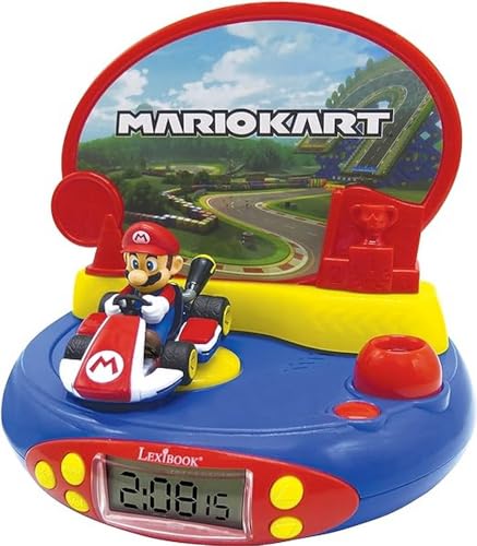 Lexibook- Réveil Projecteur pour Enfants Mario Kart-Nintendo-avec Veilleuse et Projection de l'heure au Plafond, Effets sonores, garçon, Fille à Piles, Bleu/Rouge, RP500NI