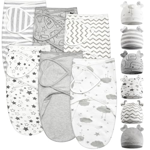 Image of Ramede 6 Pack Swaddle Blanket with Hats for Baby Girl Boy 100% Cotton Swaddles 0-3 Months, Adjustable Breathable Skin Friendly Receiving Blanket Wrap, Essential for Newborns