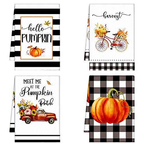 Bencailor 4 Pcs Thanksgiving Kitchen Dish Towels Fall Pumpkin Dish Cloths with Hanging Loop Autumn Tea Towels Maple Leaves Dish Hand Towel for Fall Kitchen Bathroom Decor (Black, White,Plaid)
