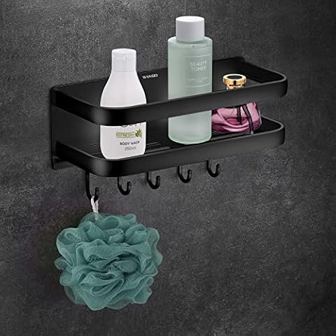 Wangel Estantería Profundo con 5 Ganchos para Baño Ducha, Negro Cover