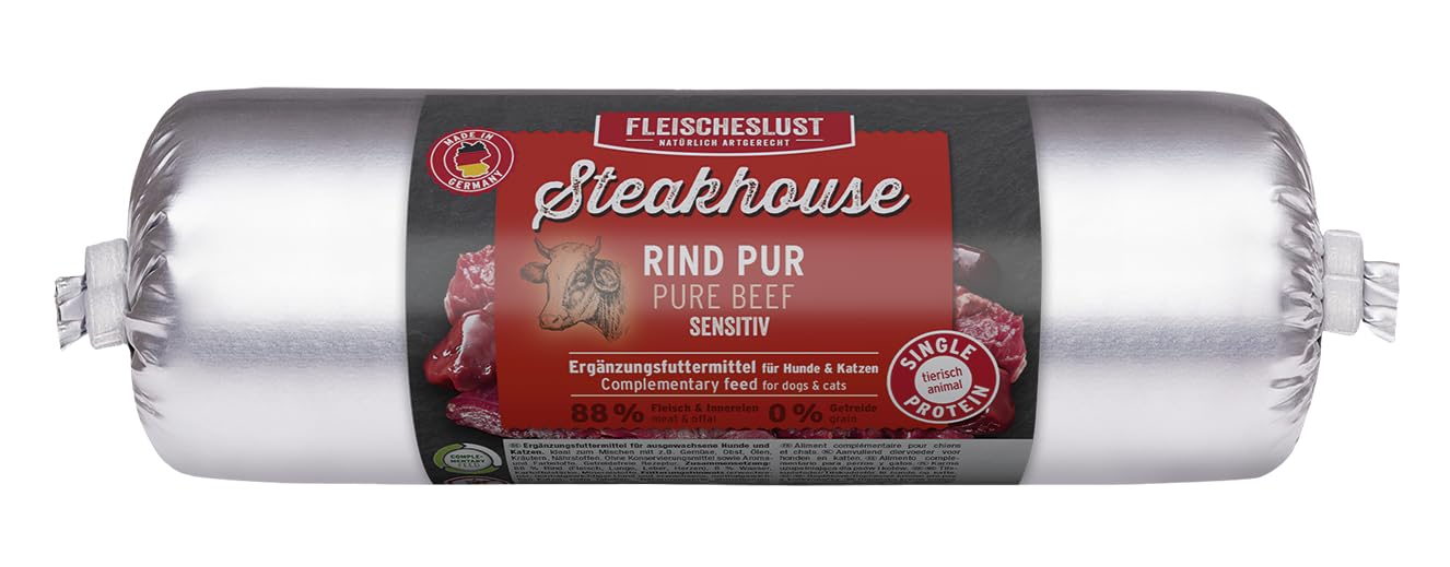 Steakhouse Rind pur (12x500g), Nassfutter für Hunde & Katzen, sensitives Ergänzungsfutter, Monoprotein, getreidefrei, 14x Wurst von Fleischeslust