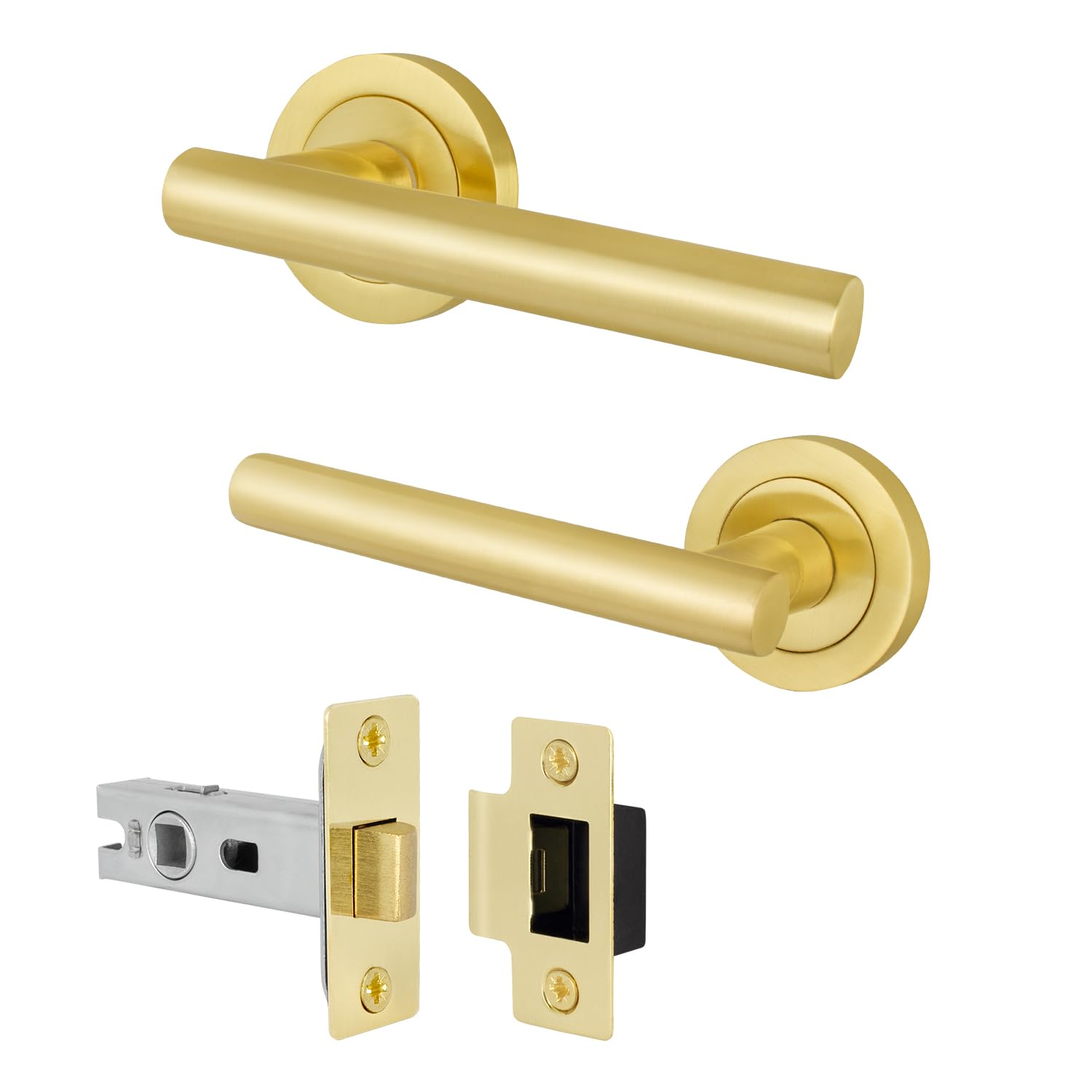 EAI Satin Brass Door Handle Latch Set, 1 Pair of Internal T-Bar Lever on Rose Door Handles & Latch (64mm) - Oliena