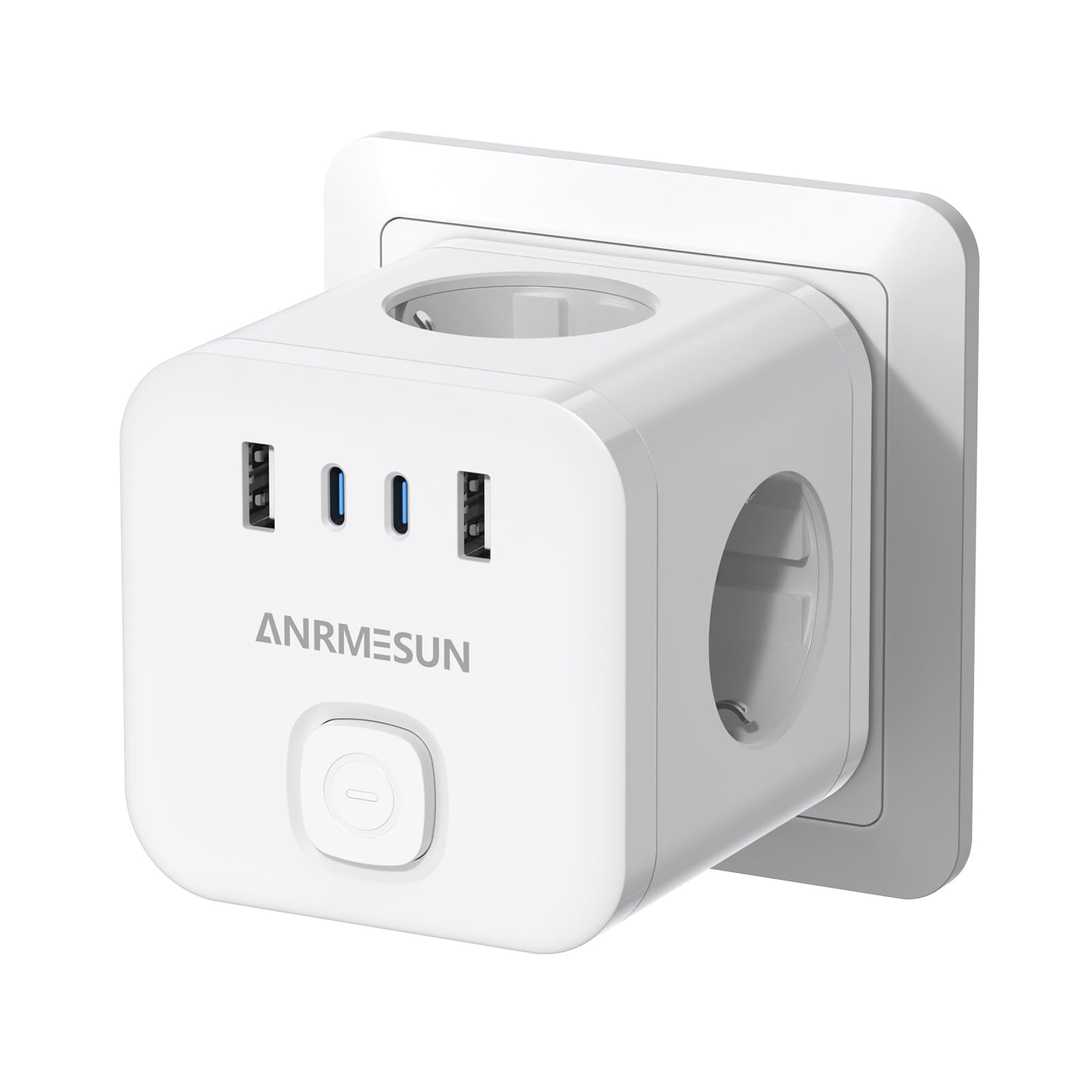 Ladron Enchufes con USB 7 en 1 Cubo Enchufe, Enchufe Multiple Pared 3 Tomas de CA, 2 USB A 2 Tipo C 3840W con Interruptor, Cubo Regletas de Poder para Hogar Oficina Viajar