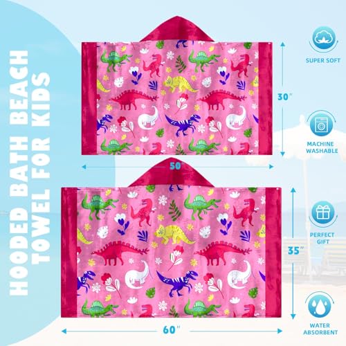 Image of Dinosaur Girls Beach Towel with Hoodie for Kids Toddlers Age 4-8, Pink Bath Towels Shower Wrap for Girls, Hooded Poncho Beach Blanket for Pool Swimming Cute Wearable Bath Towel for Child