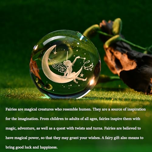 Image of IFOLAINA Moon Fairy Crystal Ball 3D Laser Engraved Fairy Glass Ball Fairy Night Light Decorative Globes 3D Crystal Moon Sphere Fairy Gifts for Girl Her Fairy Lover