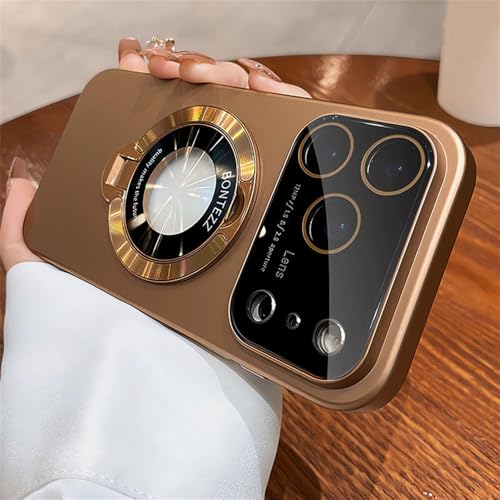 フリップブラケット マグネットホルダーケース iPhone 17 16 15 14 13 12 Pro Max 17 Air 14 15 16 Plus 用 大型ウィンドウ レンズ保護 PCカバー デザートゴールド iPhone 15 Plus用