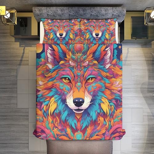 ZGDPBYF Conjunto de capa de edredom com estampa de animais selvagens, lobo psicodélico, penas psicod