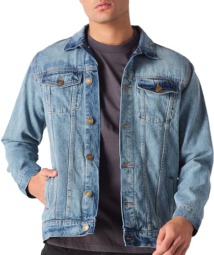 Image of JMOJO Jean Jacket Men - Button Down Trucker Style with Functional Pockets - Classic Mens Denim Jackets for Casual Outfits