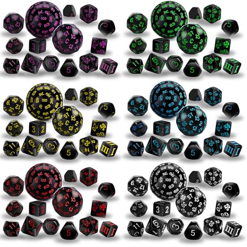 IvyFieldDice 6 Sets Complete Polyhedral Dice Set D3-D100 (15 pcs) for TRPG Tabletop Games (Black)