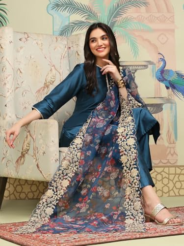 Image of ishin Notch Neck Thread Work Silk Crepe Straight Kurta with Trousers & Dupatta | Kurta set for women | Kurta with trousers and dupatta