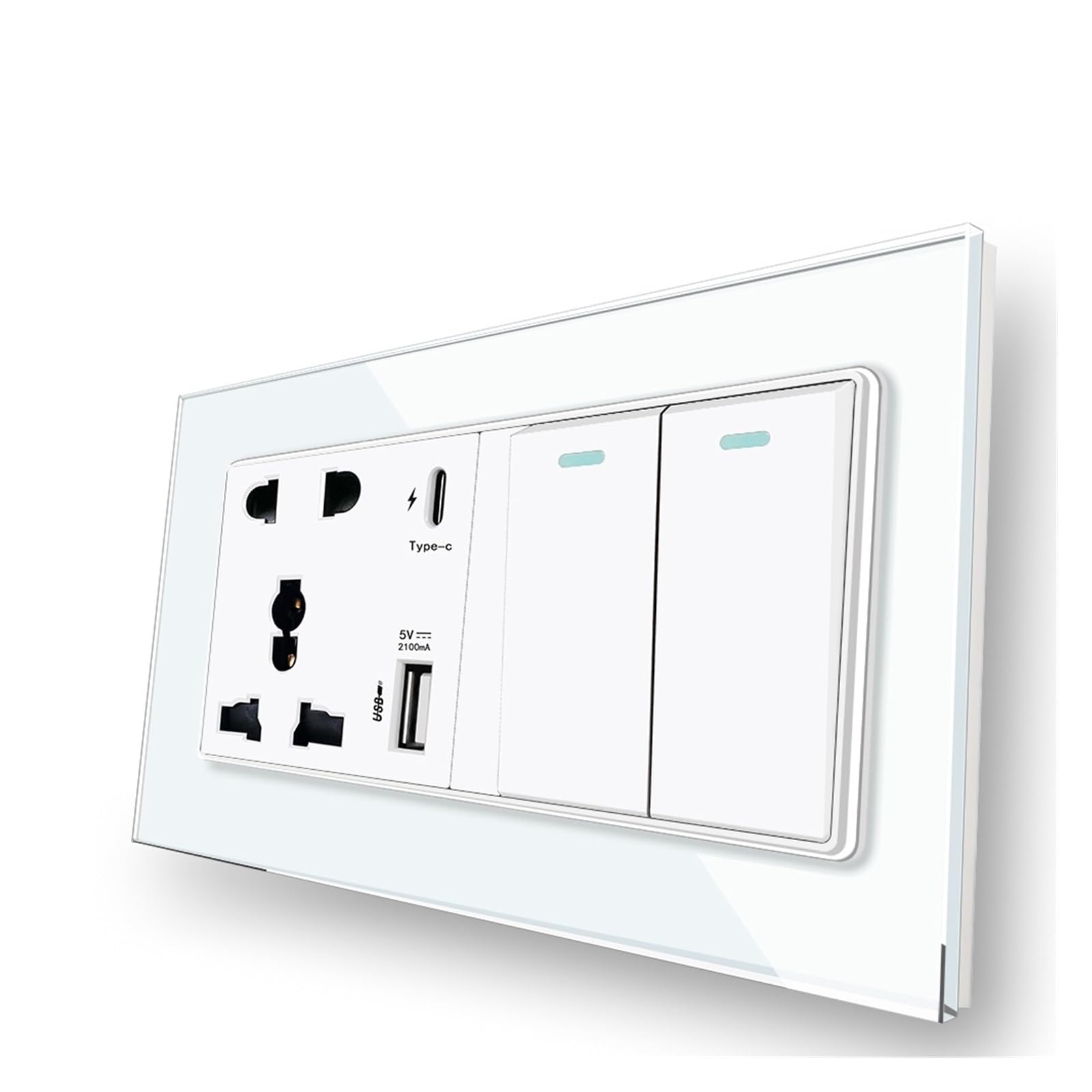 Delviz 2 Gang 2 Way Light Switch,Crystal Glass Panel,Universal USB Power Outlet, Type C Interface Quick Charge Wall Socket(White)