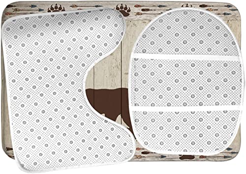 Badezimmerteppich-Set, 3-teilig, Wilde Tiere, rustikale Hütte, Wald, Bärentatzen-Druck, Holzbrett, waschbare Badteppiche, rutschfest, mit Rückenpolster, Konturteppich und Toilettendeckelbezug – Bild 6