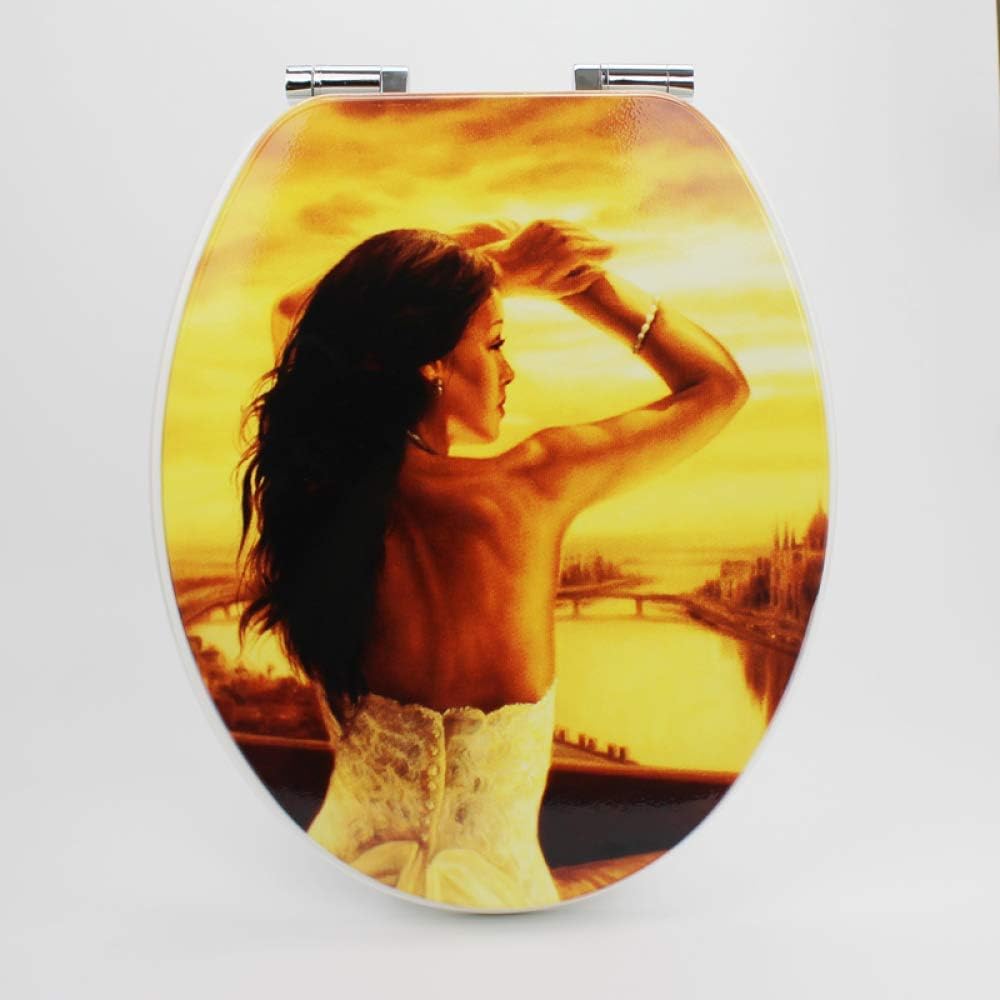 Toilet Seat Art Lid - Durable Solid Wood Cover for Family Bathrooms - Universal O/V/U Shape - Ultra Resistant & Top Fixed (E)