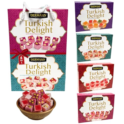 Delicias turcas 4x100g (Set de 4 Sabores: Rosa, Frutas, Frutos Secos y Granada) | Sin gluten | Confitería tradicional de lujo | Vegano, Halal, El Mejor Lokum Turco, Loukoumi