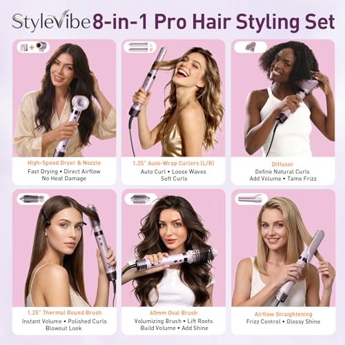 Image of Mythsight StyleVibe Dual Voltage 8-in-1 Air Styler with Diffuser Hair Dryer, Auto Curlers (L /R), Straightener Brush, Travel Adapter & Case for Fast Drying, Frizz-Free Volume & Smooth Blowouts Styles