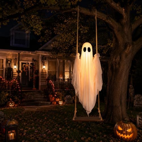 Halloween Decorations Outdoor – Hanging Swing Ghost 4-8FT, Remote Light Up - 1