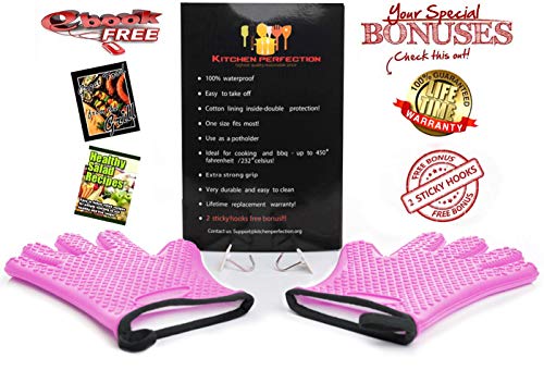Image of KITCHEN PERFECTION Silicone Smoker Oven Gloves -Extreme Heat Resistant BBQ Gloves-Handle Hot Food Right on Your Grill Fryer & Pit|Waterproof Grilling Cooking Baking Mitts|Superior Value Set+3 Bonuses