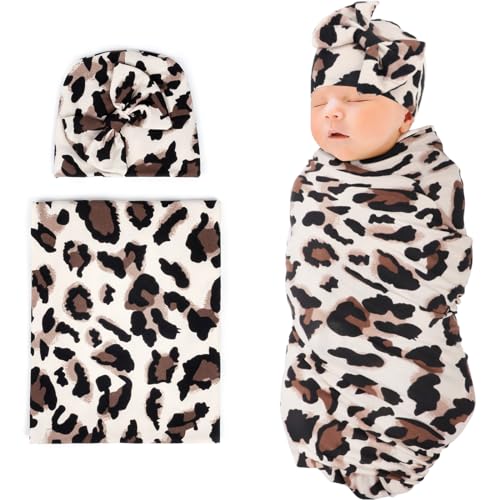 Image of DRESHOW BQUBO Baby Swaddle Blanket Newborn Receiving Blanket with Hat Set Infant Leopard Print Nursery Blanket Shower Gift