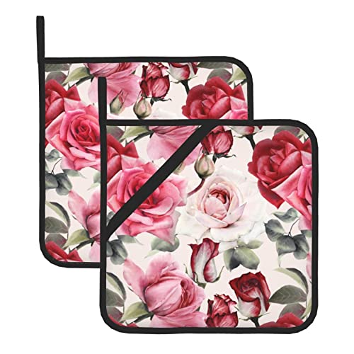 2-Pack Pink Rose Pot Holders For Kitchen Heat Resistant - Vintage Quilted Potholders For Kitchens - Washable Potholder For Cooking & Baking & Microwave #TOP1