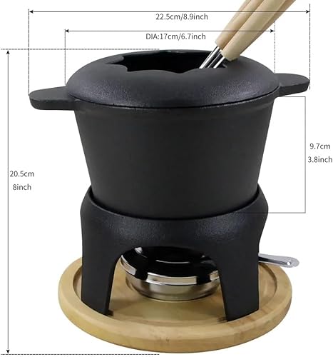 Miniatura 7 de Juego de fondue tradicional de hierro fundido esmaltado negro mate para fondue suiza, 12 piezas, para carne, chocolate y queso, hierro fundido para