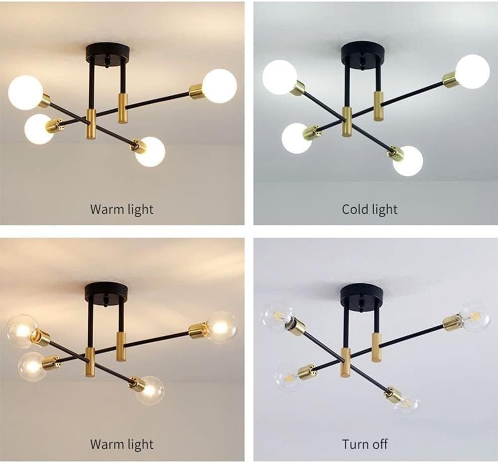 Sputnik Ceiling Light Fixture, Black & Gold Lighting Fixture Semi Flush Mount Ceiling Chandelier for Bedroom, Living Room, Kitchen, Dining Room, Hallway (4-Lights Black&Gold(Straight Rod))