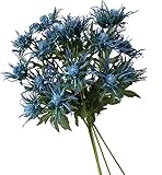 TBUY ROSE 5 Pack Silk Artificial Thistle Flowers Eryngiums Faux Plants for Garden Wedding Prom Party Bouquet Floral Arrangement (Blue)