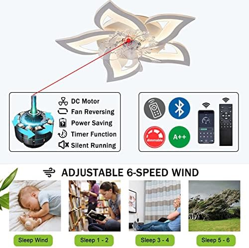 TATANE 50W Ceiling Fan with Light, LED Dimmable Ceiling Fan Lamps with Remote Control & Bluetooth APP, Dimming Light Color Temperature & Wind Speed Ceiling Fan Light for Bedroom Living Room (69cm)