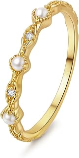 Ropartman 18K Gold Plated Pearl Rings for Women - Dainty Stackable CZ Thin Band Promise Wedding Jewelry Sizes 5-10