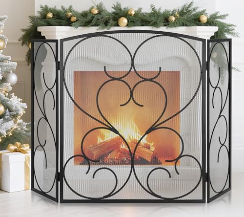 FEED GARDEN 3 Panel Fireplace Screen Wrought Iron 48\" W x 29\" H Foldable Heavy Duty Fire Spark Guard Cover with Metal Decorative Mesh for Living Room, Home Decor Indoor, Black - Thumbnail 3
