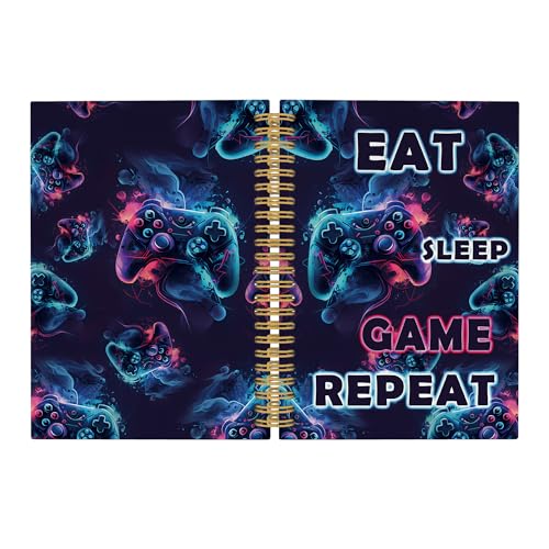 Pugwak Gaming Black Neon Journal Notebook - Eat Sleep Game Repeat Notebooks College Ruled for Gamer, Gifts for Boys Gamer, Office School Supplies, Hardcover Spiral Notebook 5.5