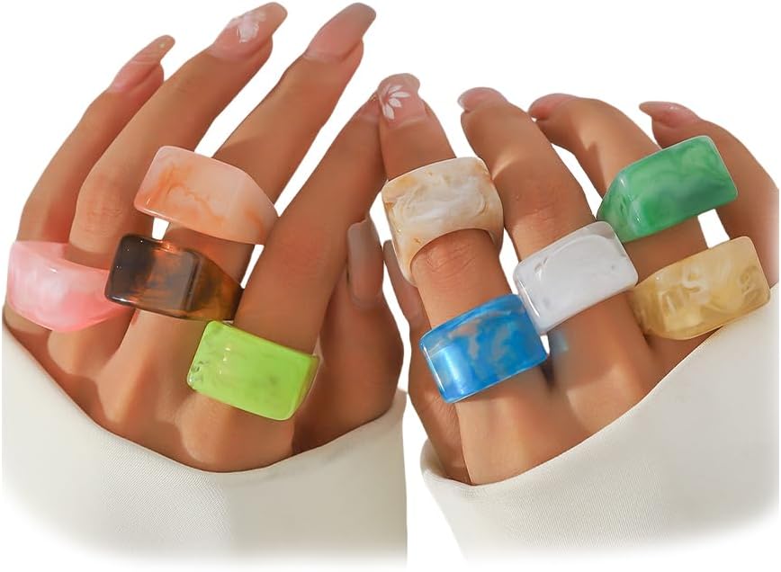 YNZGYBY 9PCS Chunky Y2K Resin Stackable Knuckle Rings Set for Women - Vibrant Multicolor Acrylic Bold Statement Jewelry