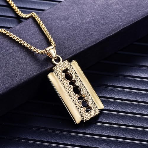 LUSSO 14K Yellow Gold Gothic Punk Razor Blade Necklace For Men, Barber Razor Pendant Necklace - Golden Man Razor Chain, Unisex Razor Necklace For Halloween2