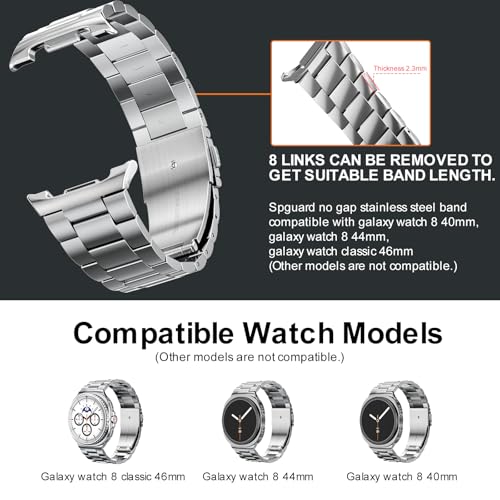 Image of SPGUARD Metal Band for Samsung Galaxy Watch 9 /8 40mm /44mm /8 Classic 46mm | Stainless Steel, No Gap Design, Business & Casual Style, for Wrist 6.3 inch-9.25 inch,Strap for Men Women, Not for Other Models