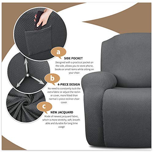 Jiviner Newest Design 4-Piece Recliner Chair Covers Stretch Jacquard Covers For Recliner Chair Recliner Slipcovers For Living Room Soft Recliner Protector With Pocket (Recliner, Dark Gray) #TOP2
