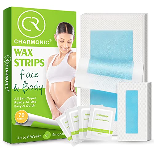 Charmonic Wax Strips For Hair Removal, 70 Counts Hair Remover Waxing Strips Body & Face, At Home Waxing Kit For Eyebrows Neck Bikini Leg Body Facial Hair Removal For Women (2 Sizes 70 Strips+ 4 Wipes) #TOP12