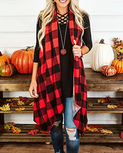 Womens Buffalo Plaid Open Front Cardigan Sleeveless Lightweight Vest Drape Jacket Coat With Pockets Red #TOP1