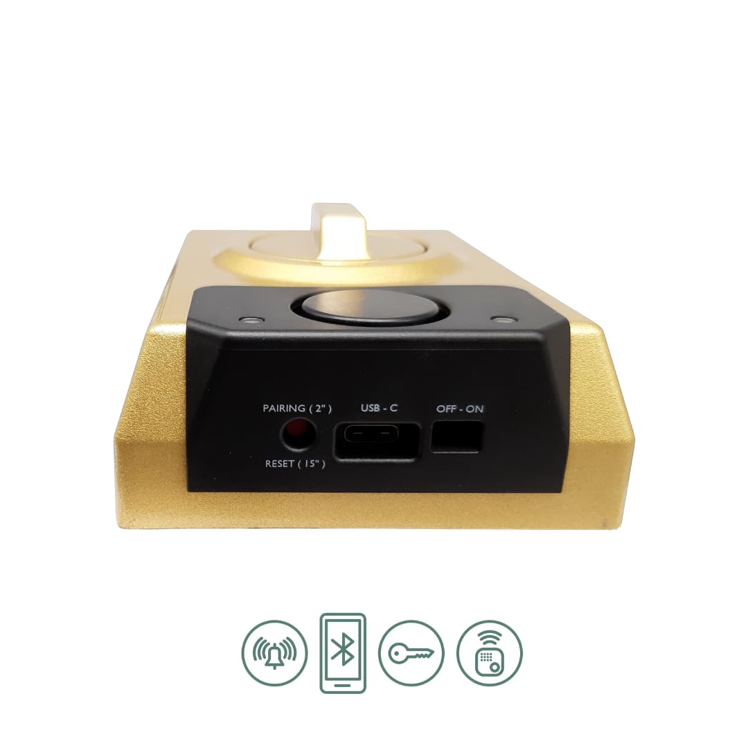 Lince SMARt7930 Cerradura inteligente para puerta – Cerrajo con alarma de 100 dB, control por aplicación, control remoto y llave reversible de alta seguridad – Recargable por USB-C – Color Oro