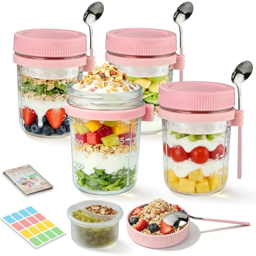 Image of 4 Pack Overnight Oats Containers with Lids and Spoons - 16 oz Glass Mason Jars with Dressing Cup, Over night Oat Jars for Meal Prep, Yogurt Parfait Cup for Chia Seed Salad (Pink)