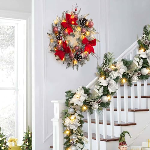 Fireplace Christmas Garland, 6 Ft Pre-Lit 20 Led Artificial Christmas Garland, Battery Operated Lighted Xmas Garland with Silver Balls, Pinecones for Front Door Holiday Decoration