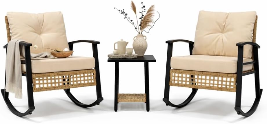 Outdoor Wicker Rocking Chair Set with Side Table and Plush Cushions, Rust-Resistant Metal Frame and Handwoven Rattan for Patio Garden Balcony Use