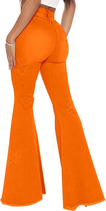 Bell Bottom Jeans for Women Butterfly Vintage High Waisted Skinny Flared Jeans Wide Leg Raw Hem Denim Pants,Orange 2576_X-Large