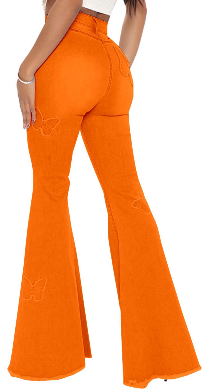 Women's Butterfly Bell Bottom Jeans Elastic High Waisted Embroidered Classic Flareed Jeans Raw Hem Denim Pants with Pocket: 3X-Large Orange