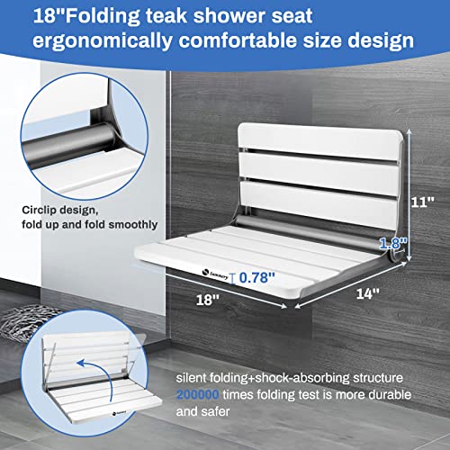 18" Teak Folding Shower Seat Wall Mounted,Fold Down Shower Bench For Small Shower Space, Home Care Teak Wood Stool For Inside Shower,Pregnants-Maximum Load 380Lb[European Teak] (18"-Stainless White) #TOP3