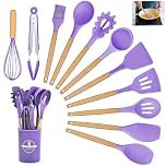 Kitchen Utensil Set, 12 PCS Silicone Cooking Utensils Set with Wooden Handle, Heat Resistant, Nonstick Cookware Tongs Spatula Spoon Set, Silicone Kitchen Utensils Set Suitable for Kitchen(Purple)