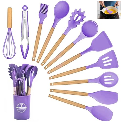 Küchenutensilien-Set, 12-teiliges Silikon-Kochutensilien-Set mit Holzgriff, hitzebeständig, antihaftbeschichtet, Kochgeschirr, Zange, Spatel, Löffel,...